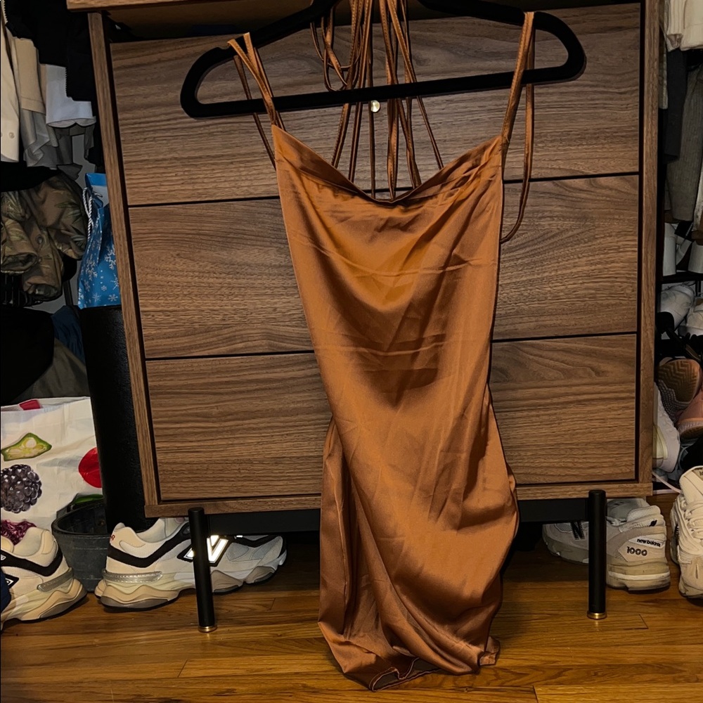 Sleek Brown/copper Satin mini dress